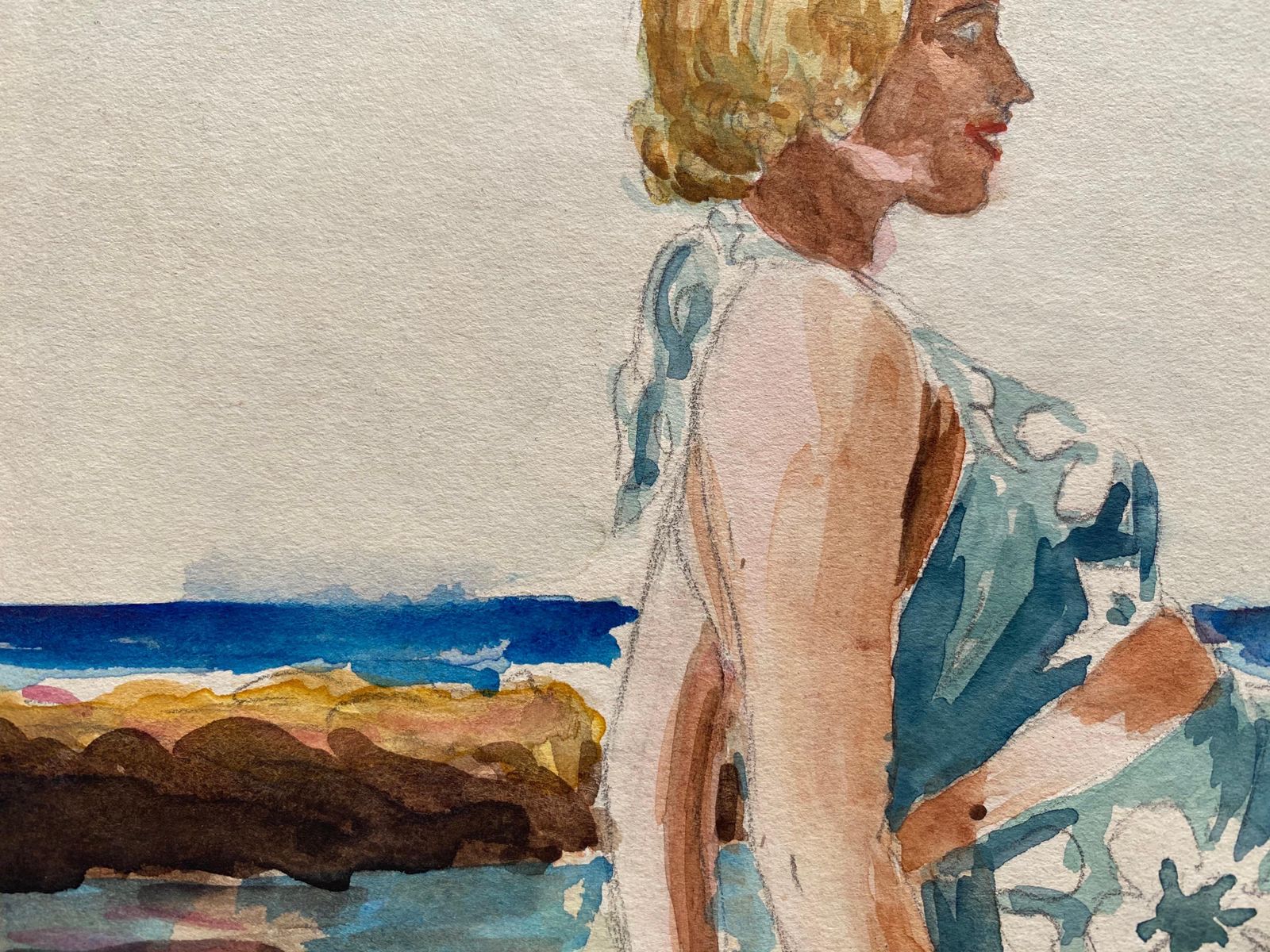Unknown1930's French Impressionist Painting, Young Girl In Blue Dress Rocky Coast Seacirca 1930s photo buy