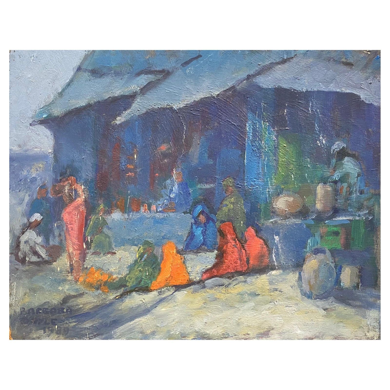 Unknown1970's Impressionist Oil Painting, Mount Abu Market Busy Figurative Scene20th Century