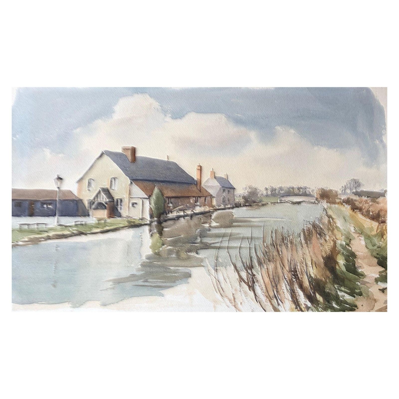 Unknowncanal Scene With Houses, Original British Watercolour Paintingcirca 1970s