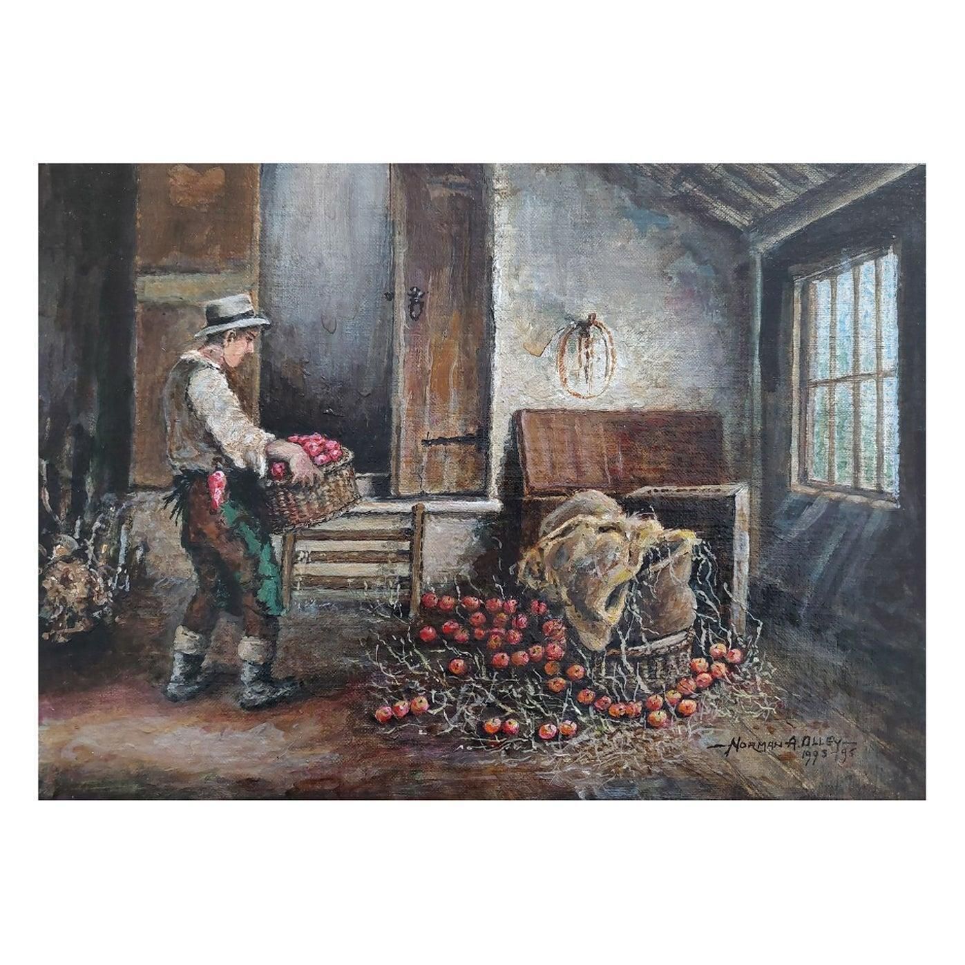 English  Schooltraditional English Painting Farmer Storing Apples In Higham Oast House, Kent20th Century