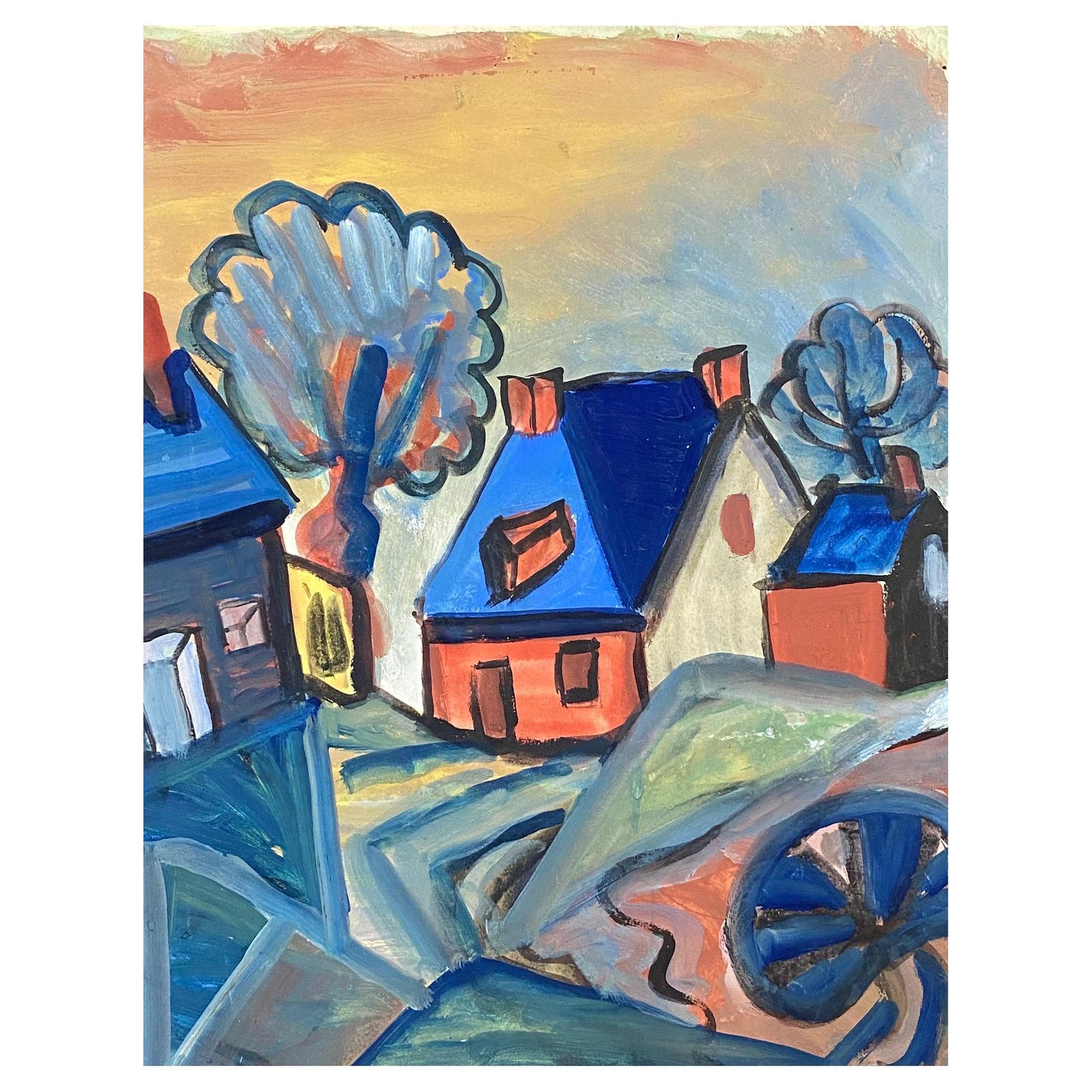 Unknownvintage French Abstract Of Town, Vibrant French Townmid 20th Century