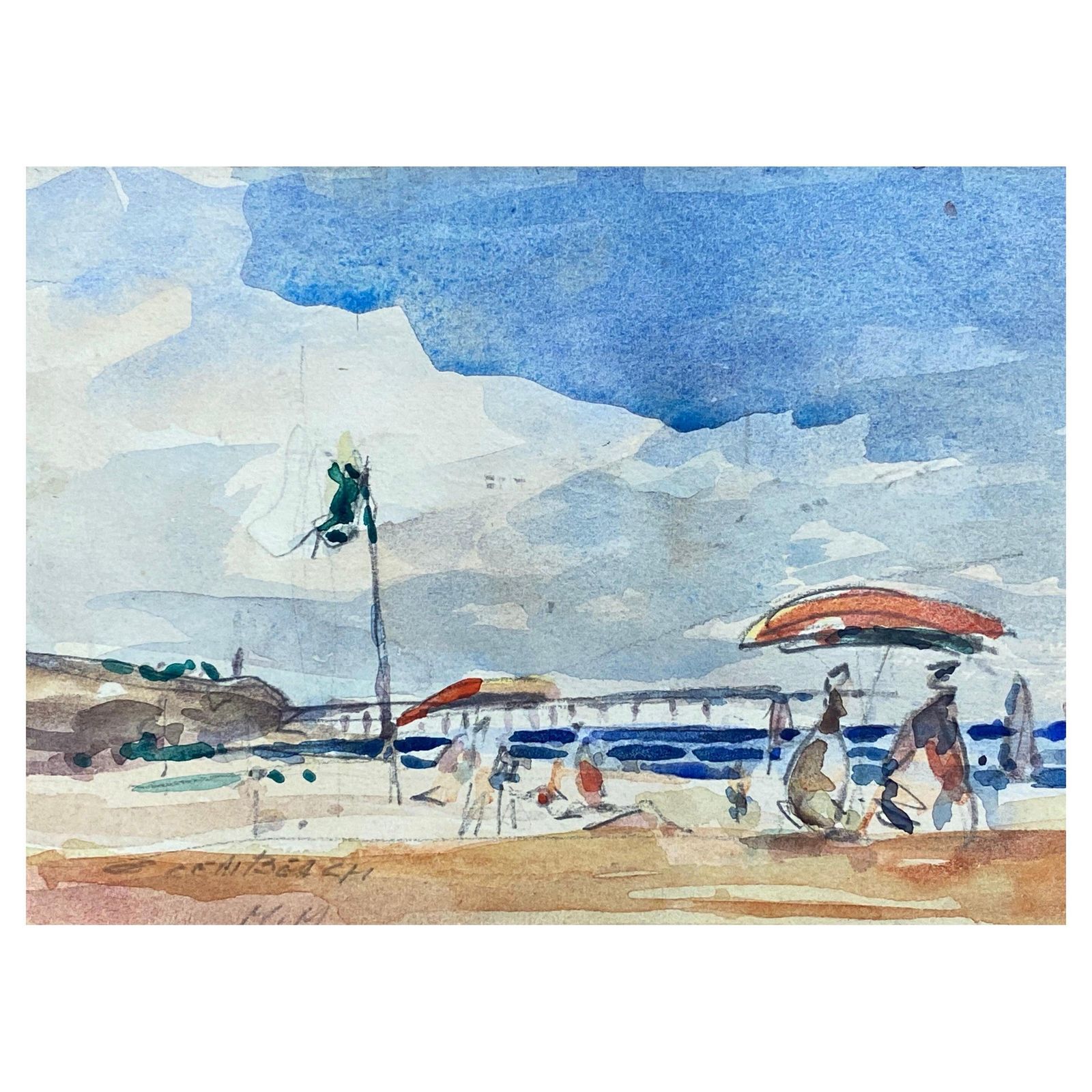 Unknownfrench Impressionist Signed Watercolour, Bright Blue Skies Over The Beach20th Century