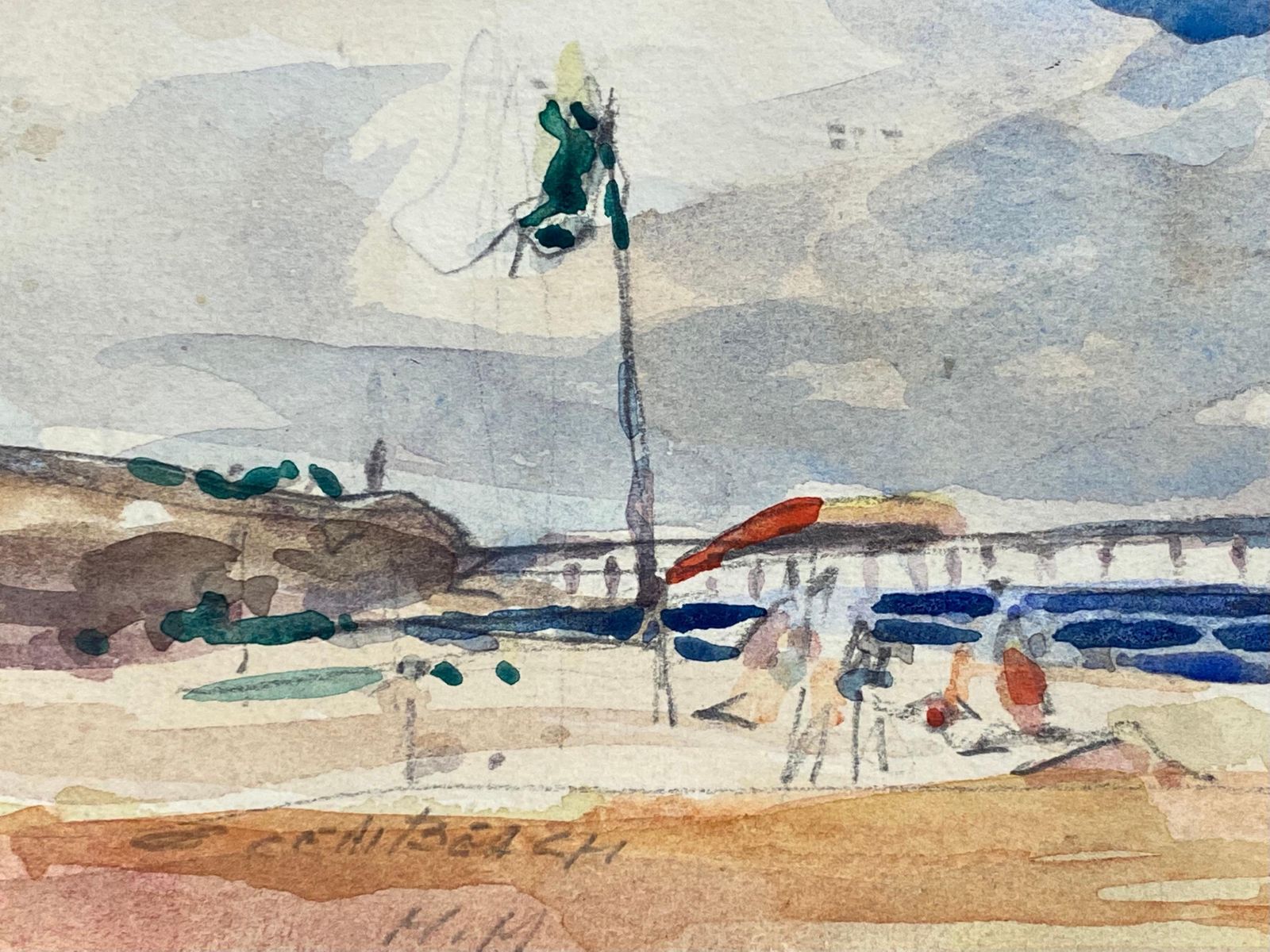Unknownfrench Impressionist Signed Watercolour, Bright Blue Skies Over The Beach20th Century photo Art