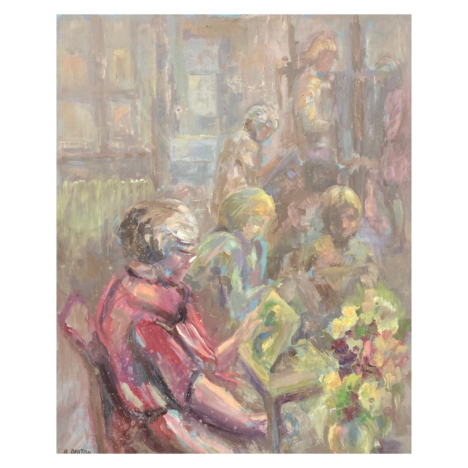 Unknownsigned Large 1960's British Original Oil Painting, Figures Readingcirca 1960s