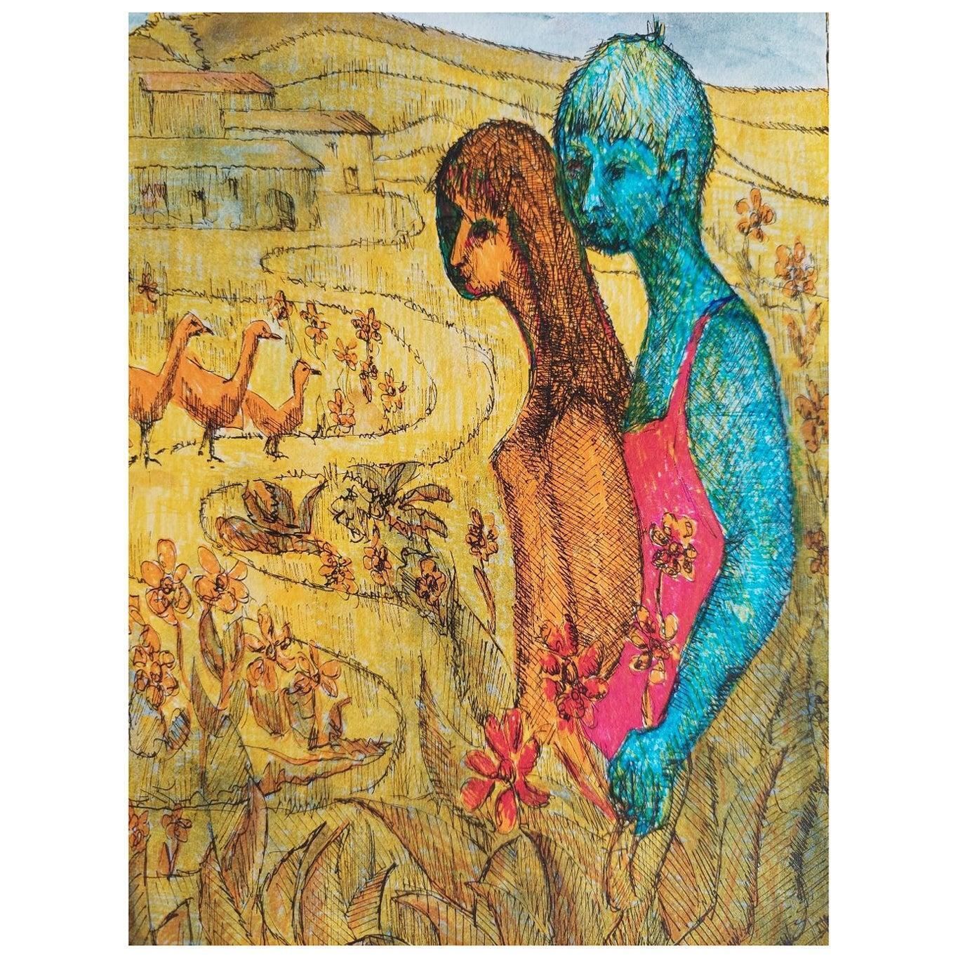 Bernard Labbe20th Century French Modernist Painting, Figures And Geese, Labbe20th Century