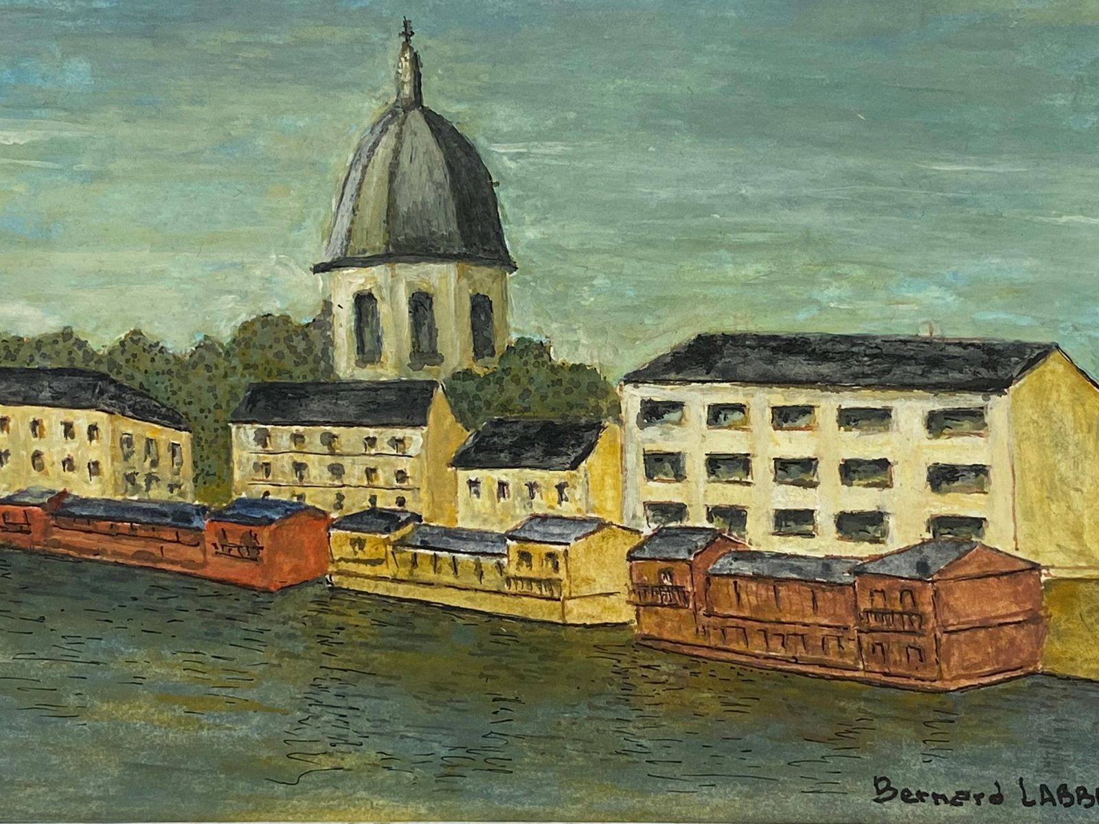 Unknown1950's French Modernist/ Cubist Signed Painting, French Landscape By The River1950 photo for sale