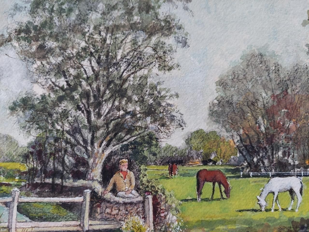 English  Schooltraditional English Painting Of A Village Scene With Figures, Dog And Horses20th Century photo 483.0