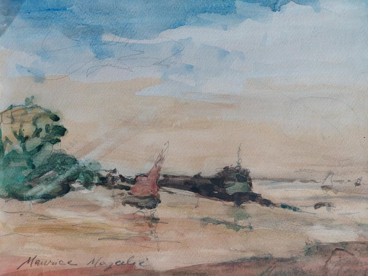Unknownfrench Modernist Cubist Painting Red Sail On The Beach20th Century photo for sale