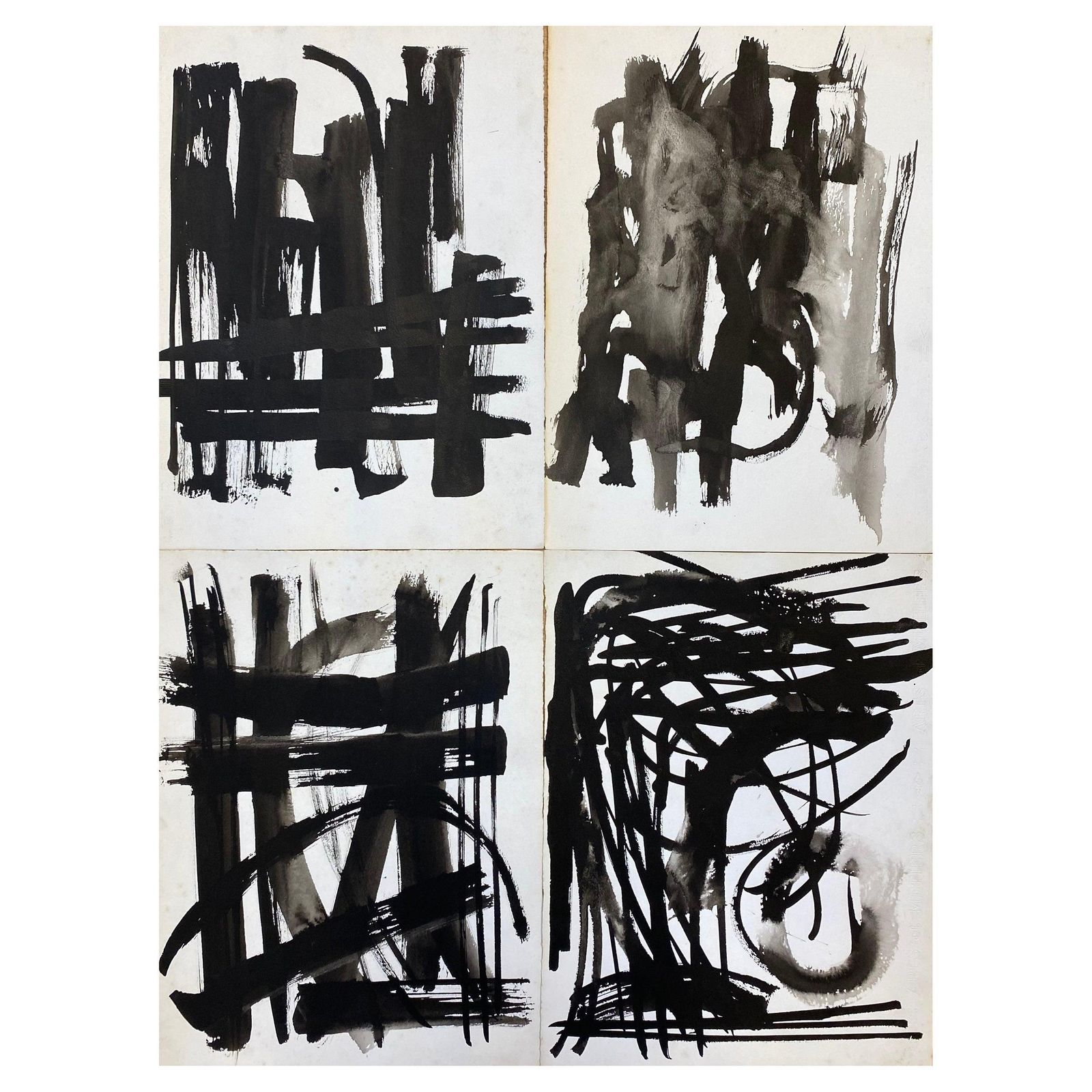 Unknownset Of 4, Original 1970's French Abstract Black & White Paintingscirca 1970s