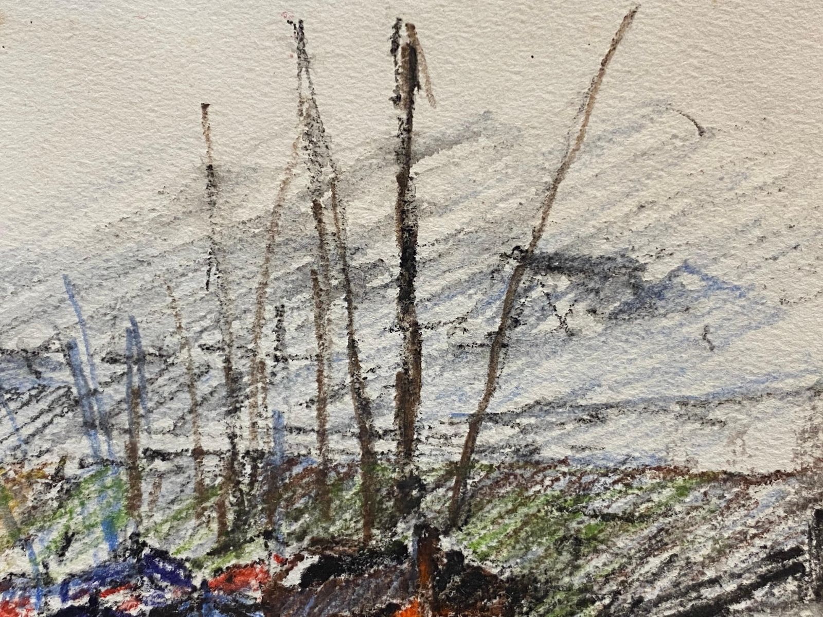 Unknownbreton Harbour Boats, Camille Meriot French Signed Impressionist Crayon Drawingcirca 1940s photo for sale
