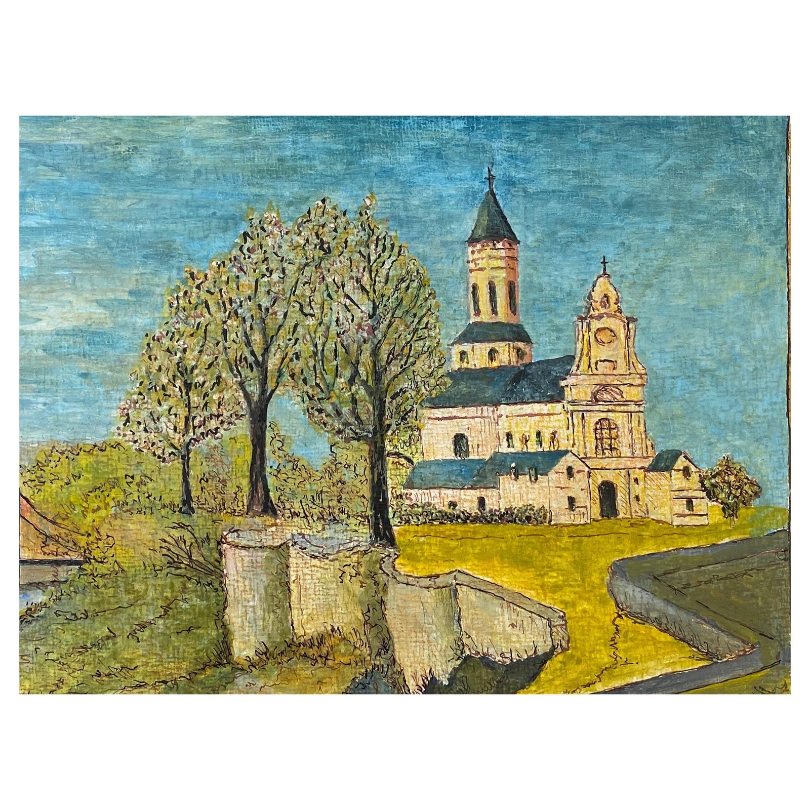 Unknown1950's Modernist Signed Painting, Peaceful French Church Landscape1950s