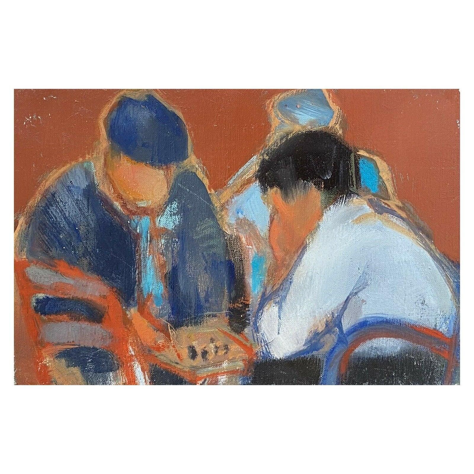 Unknownrene Leroy, French Modernist Oil Painting, Figures Hunched Over Board Game1900s
