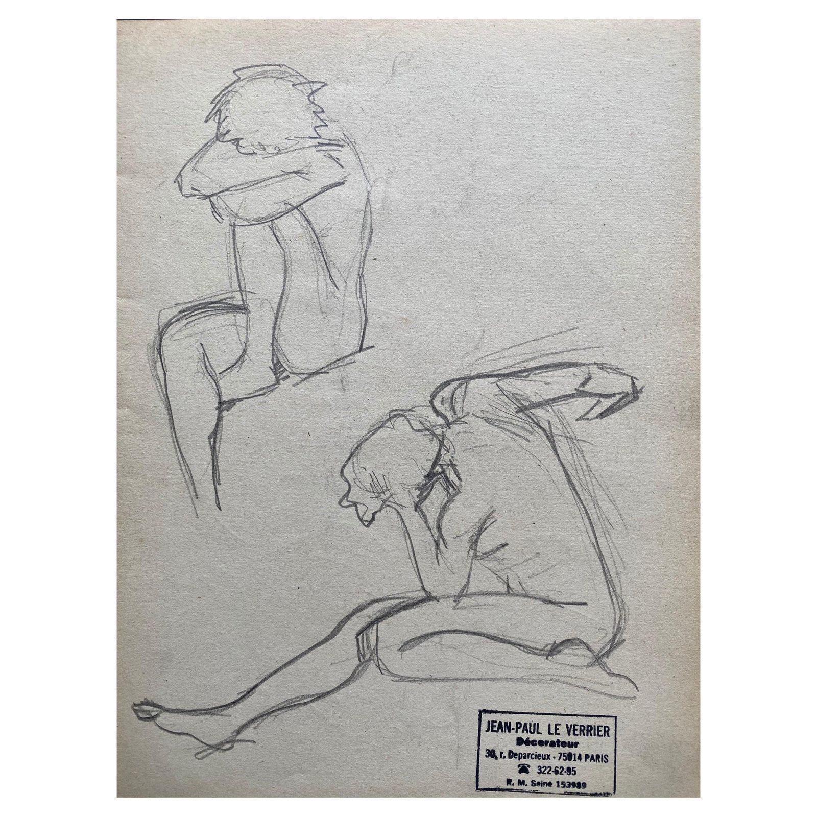Unknownmid 20th Century French Original Line Drawing Sketch Nude Lady   Stampedmid 20th Century