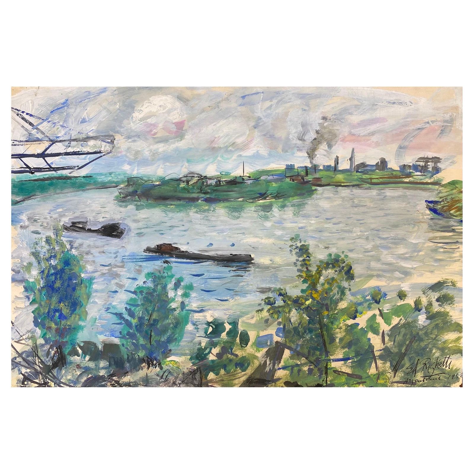 Unknownmid Century French Post Impressionist Painting, Vibrant Blue & Green Landscape1950