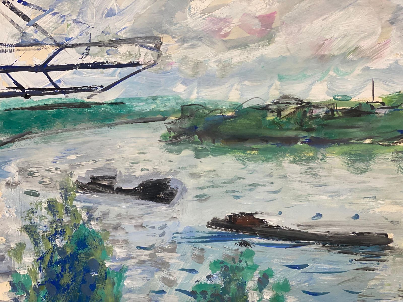 Unknownmid Century French Post Impressionist Painting, Vibrant Blue & Green Landscape1950 photo furniture