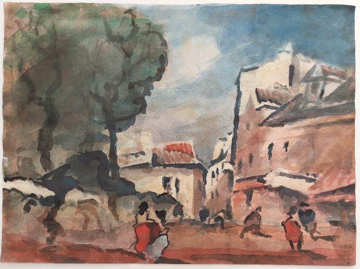 Maurice Mazeiliefrench Modernist Cubist Painting Figures In A Country Village Street20th Century photo furniture