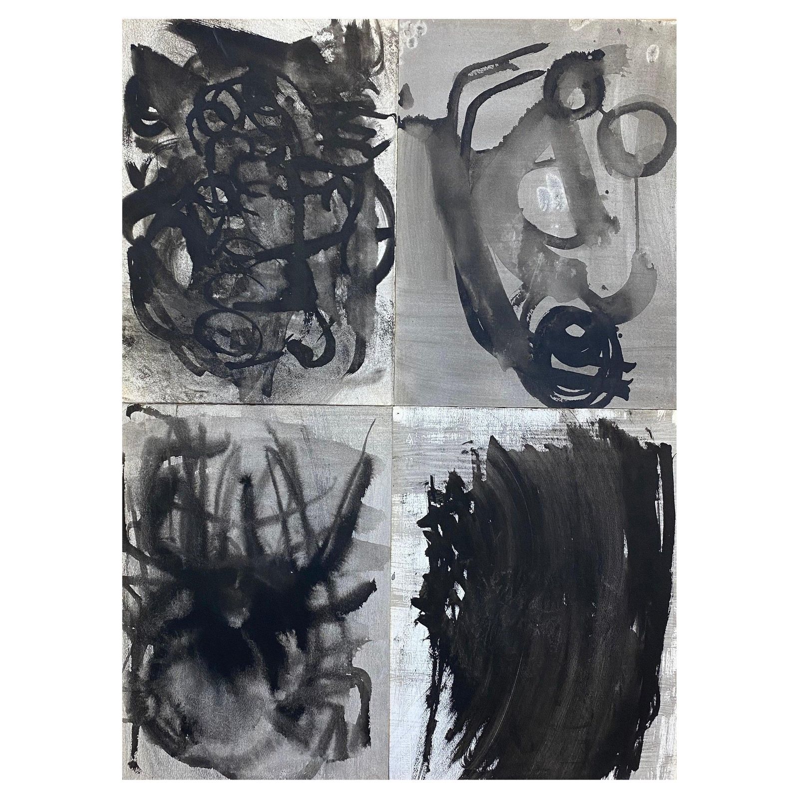 Unknownset Of 4, Original 1970's French Abstract Black & White Paintingscirca 1970s