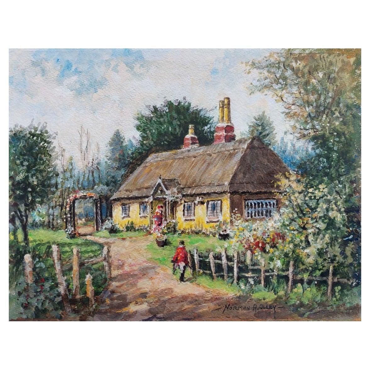 English  Schooltraditional English Painting Thatched Cottage Wrotham Hill, Kent, With Figures20th Century