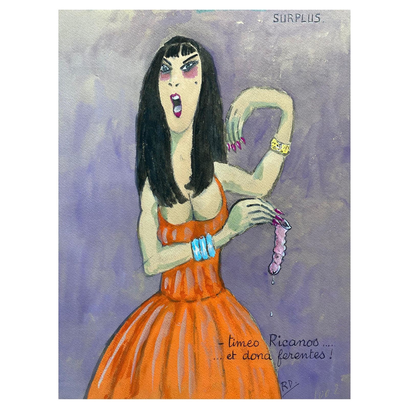 Unknown1960's French Portrait Shocked Lady Holding Used Condom   Caricaturecirca 1960s