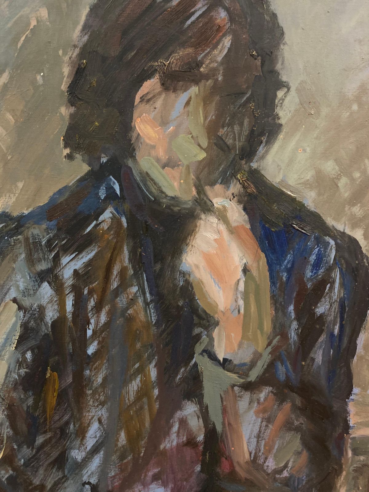 Unknownsigned Large 1960's British Original Oil Painting, The Man In The Blue Suitcirca 1960s photo furniture