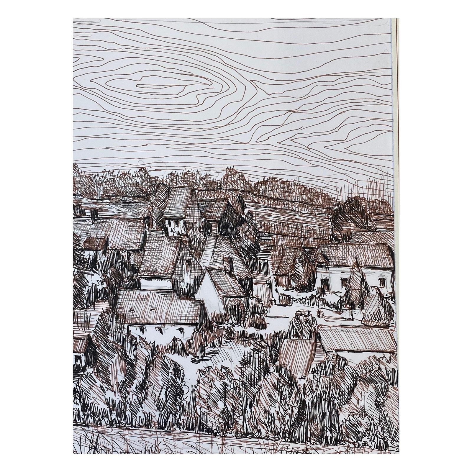 Unknown1950's French Modernist/ Cubist Painting Signed, Biro Drawing Of French Town1950