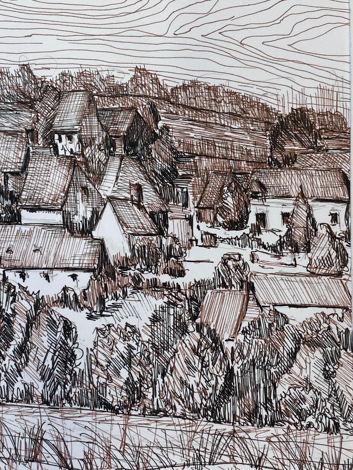 Unknown1950's French Modernist/ Cubist Painting Signed, Biro Drawing Of French Town1950 photo vinterior