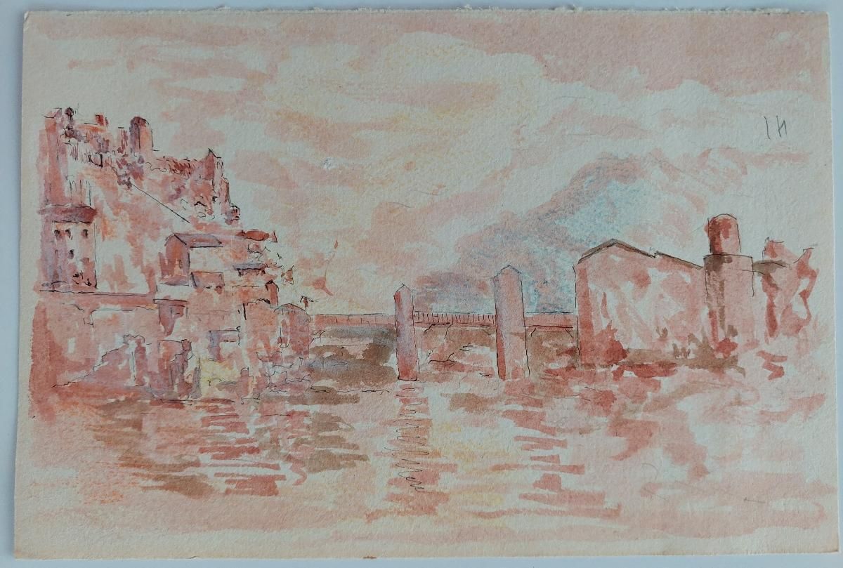 Bernard Labbe20th Century French Modernist Cubist Painting, French River Town20th Century photo vintage