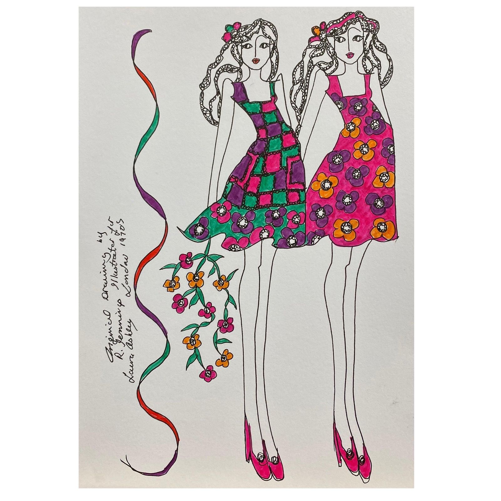 Unknownoriginal Fashion Design Illustration Watercolor Painting Laura Ashley Designercirca 2000s
