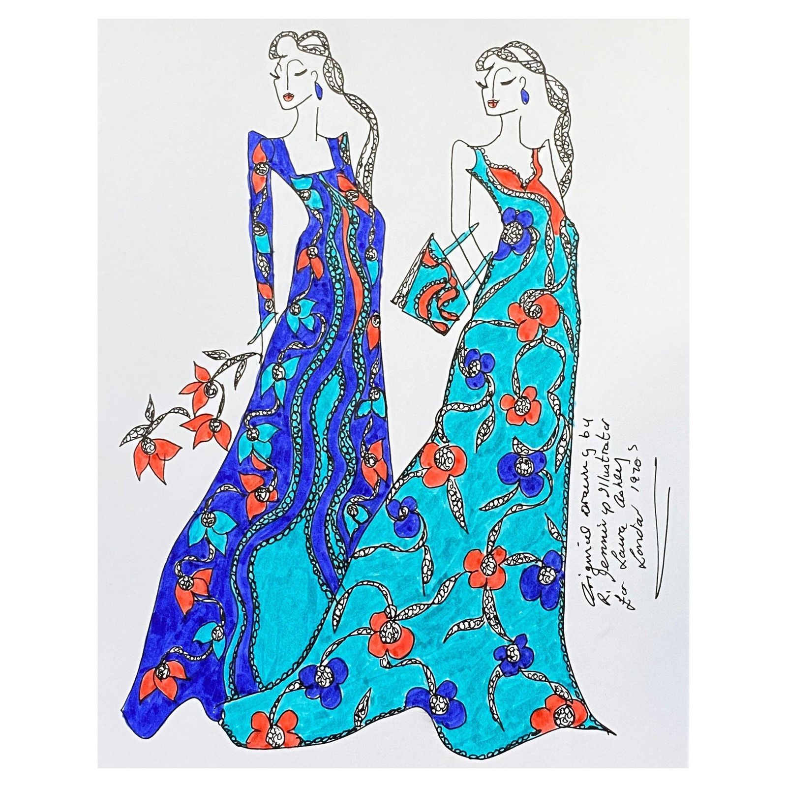 Unknownoriginal Fashion Design Illustration Watercolor Painting Laura Ashley Designercirca 2000s