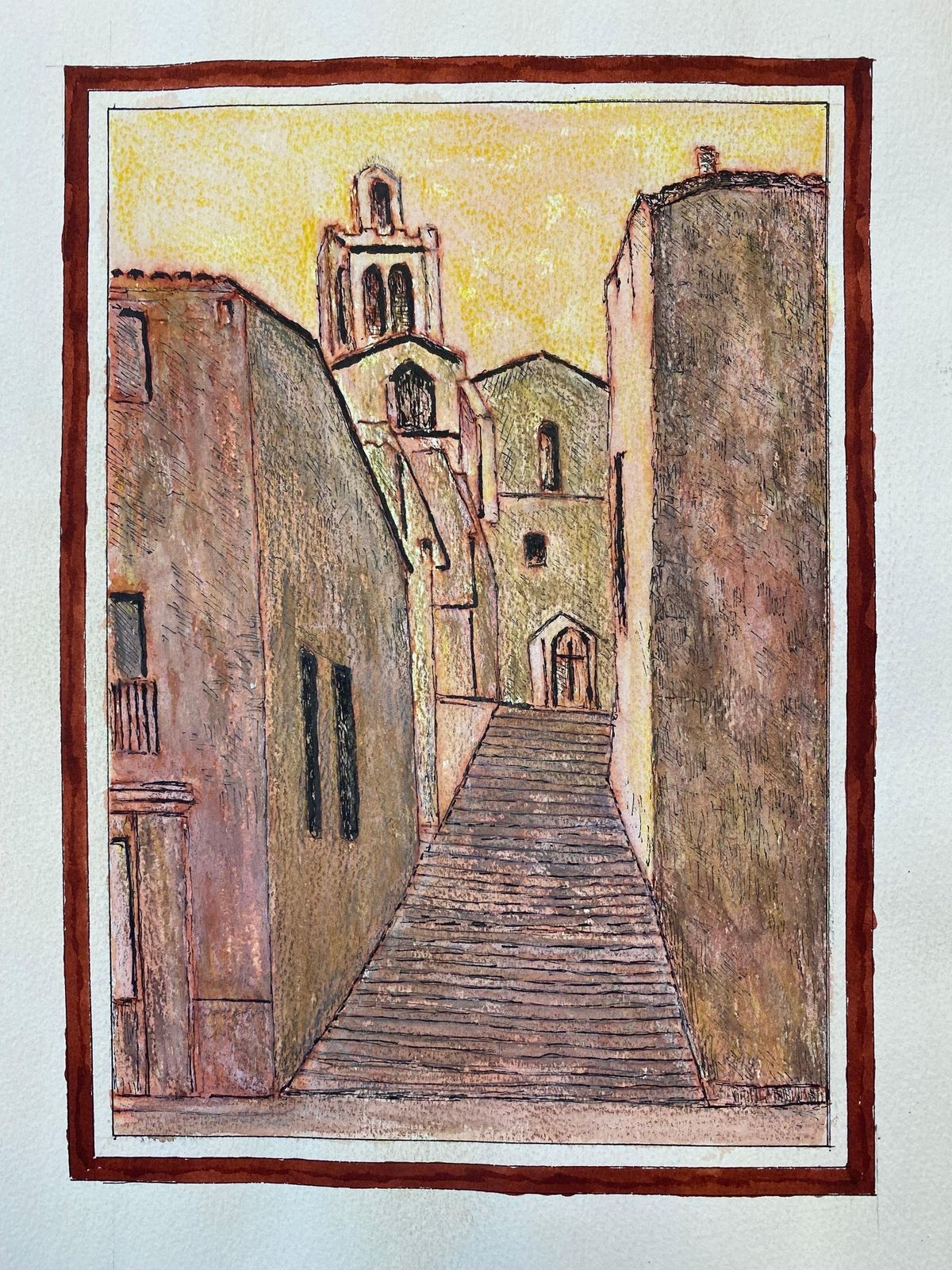 Unknown1950's Modernist Painting, French Steps Up To The Church1950s photo for sale