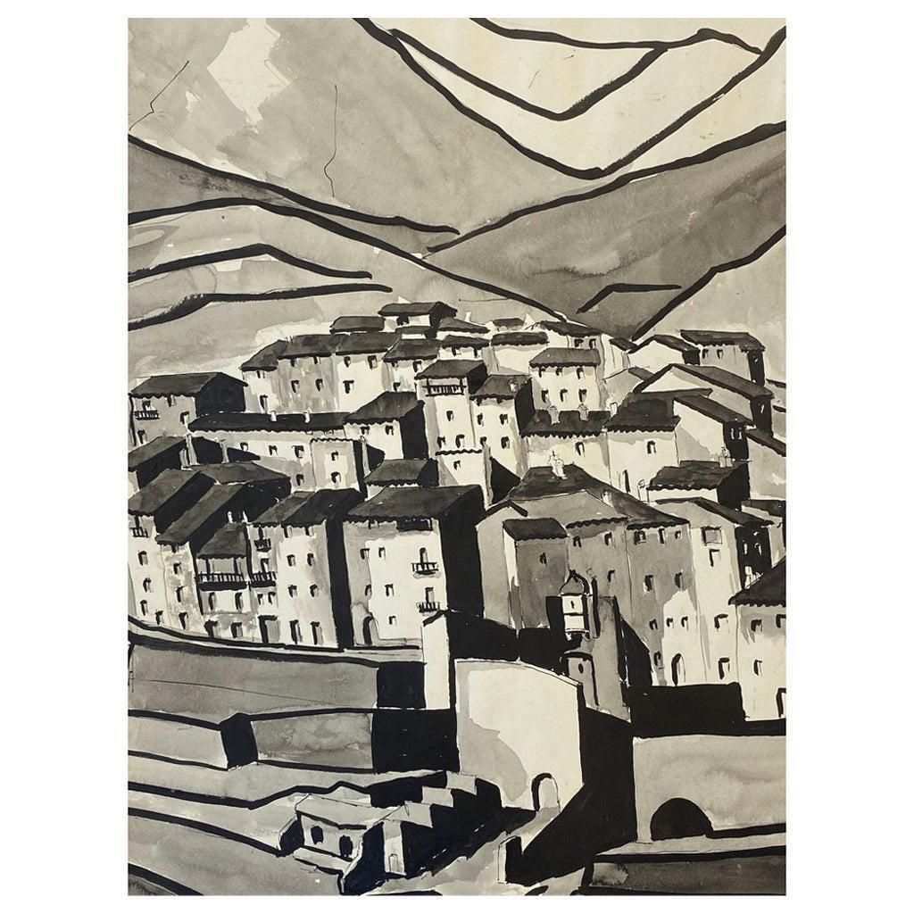 Unknown1950's Modernist Painting, Black & White Town Landscape1950
