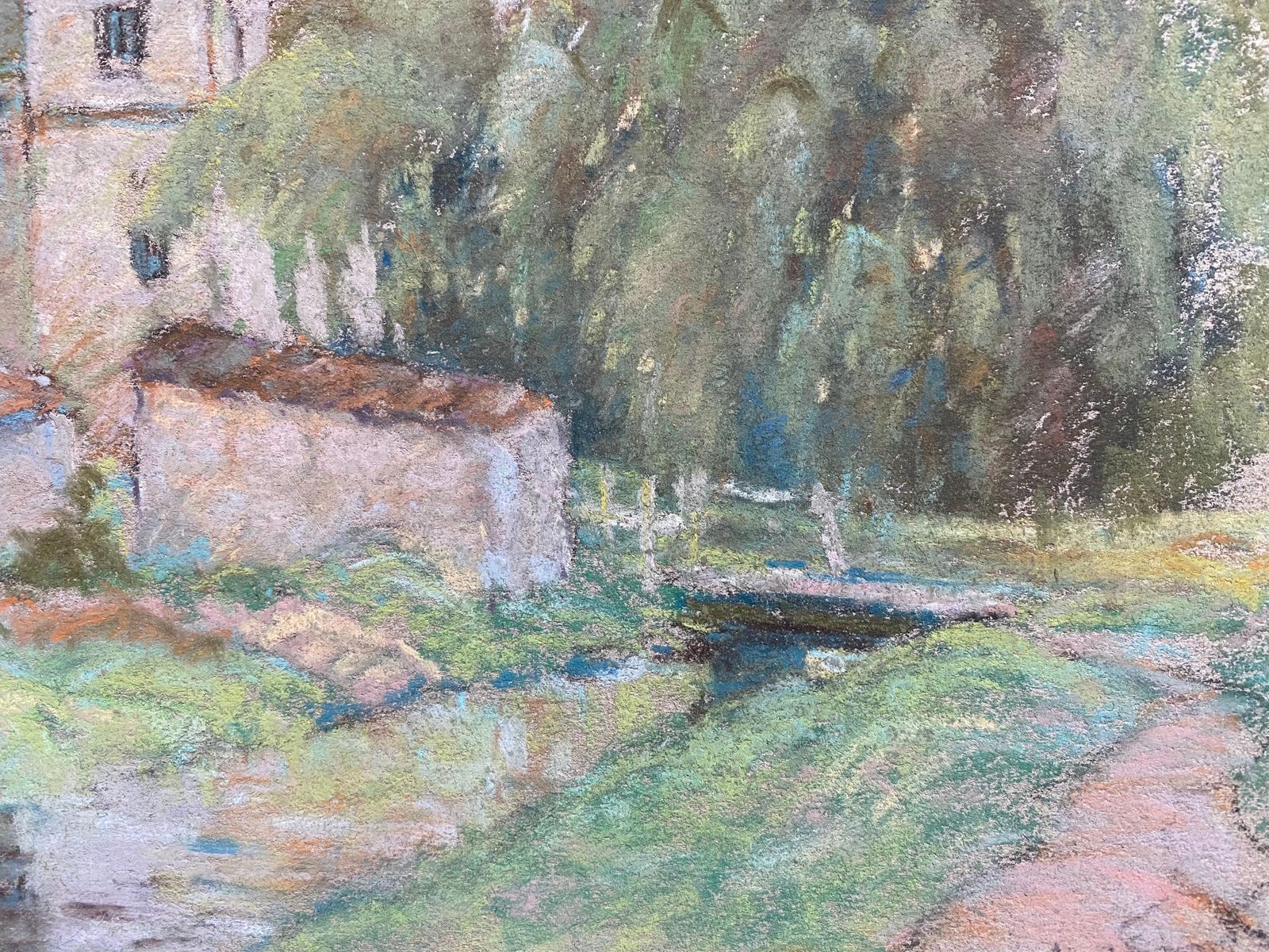 Unknownfine French Impressionist Pastel, Countryside Village Lane River And Treescirca 1947 photo 395.0