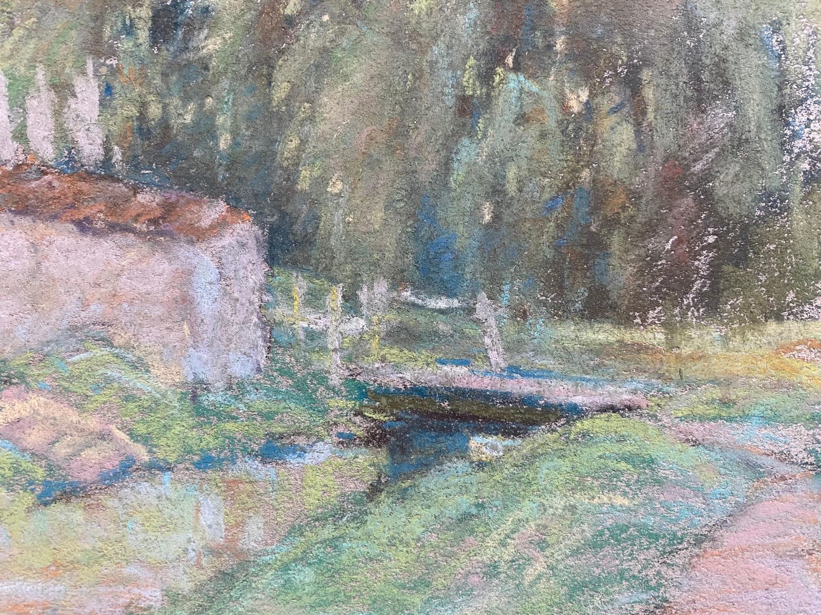 Unknownfine French Impressionist Pastel, Countryside Village Lane River And Treescirca 1947 photo buy