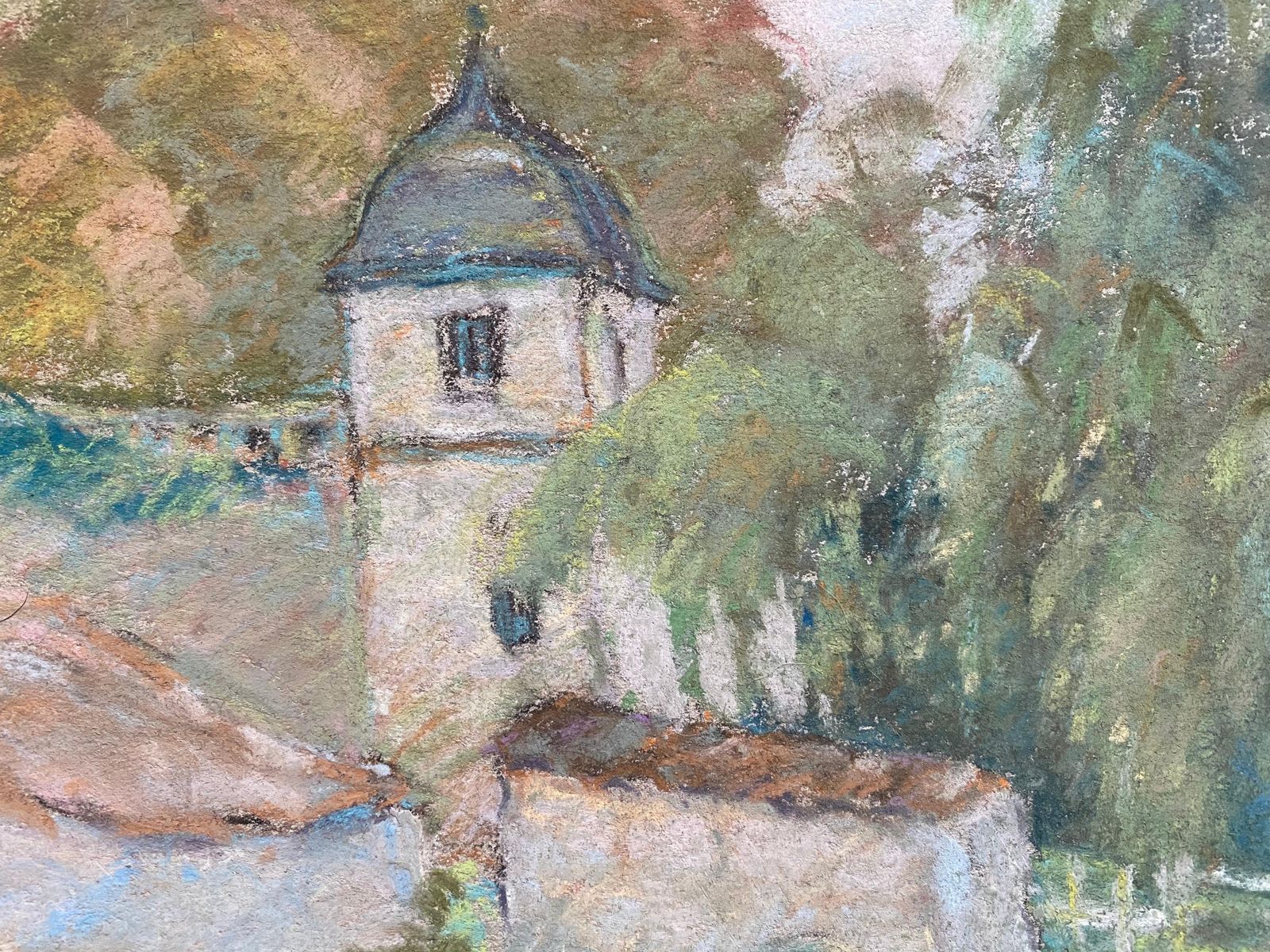 Unknownfine French Impressionist Pastel, Countryside Village Lane River And Treescirca 1947 photo vintage