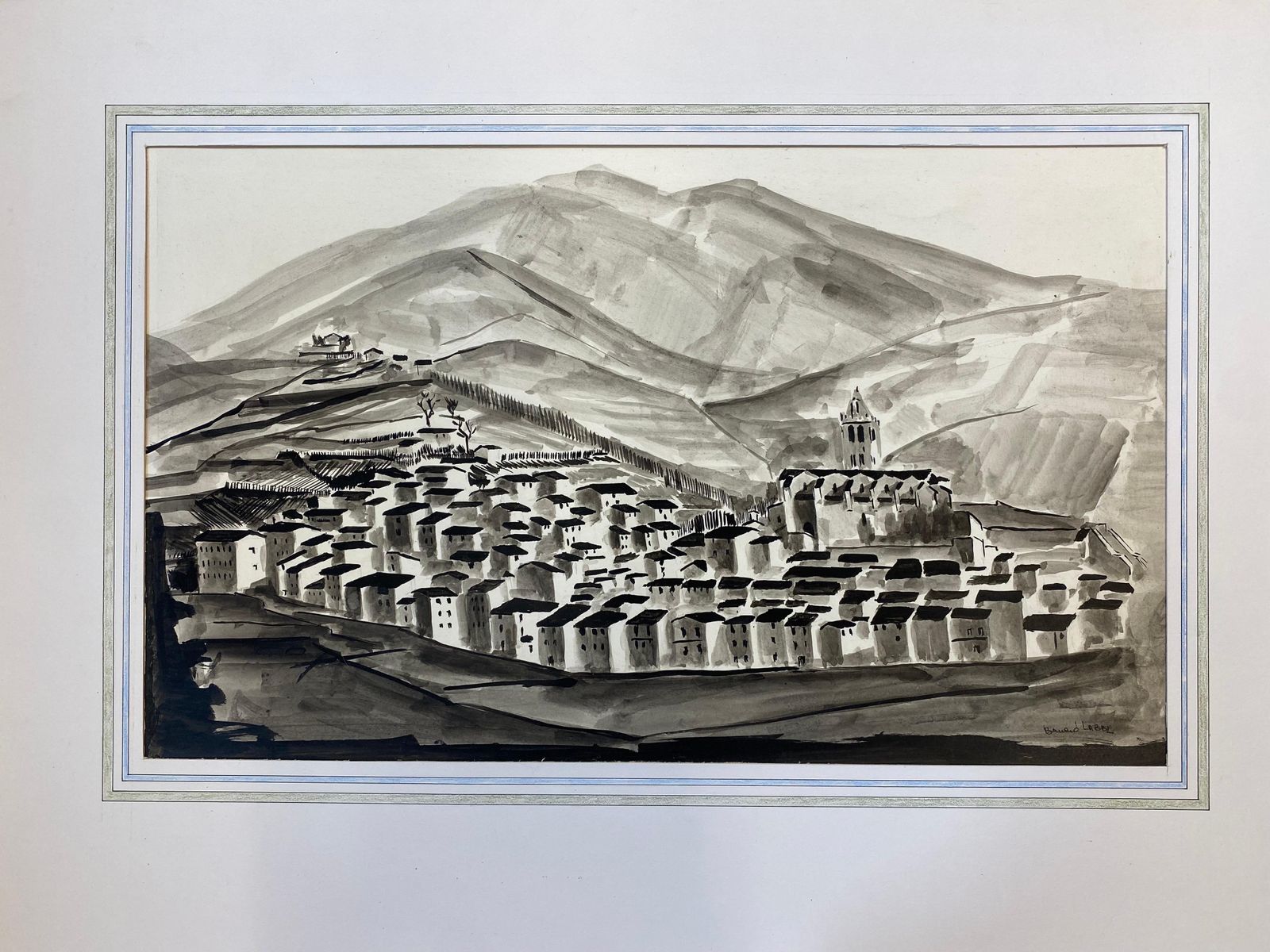 Unknown1950's French Modernist/ Cubist Signed Painting Black & White Village Landscape1950 photo furniture