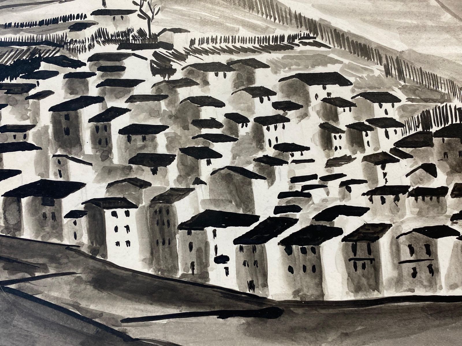 Unknown1950's French Modernist/ Cubist Signed Painting Black & White Village Landscape1950 photo buy