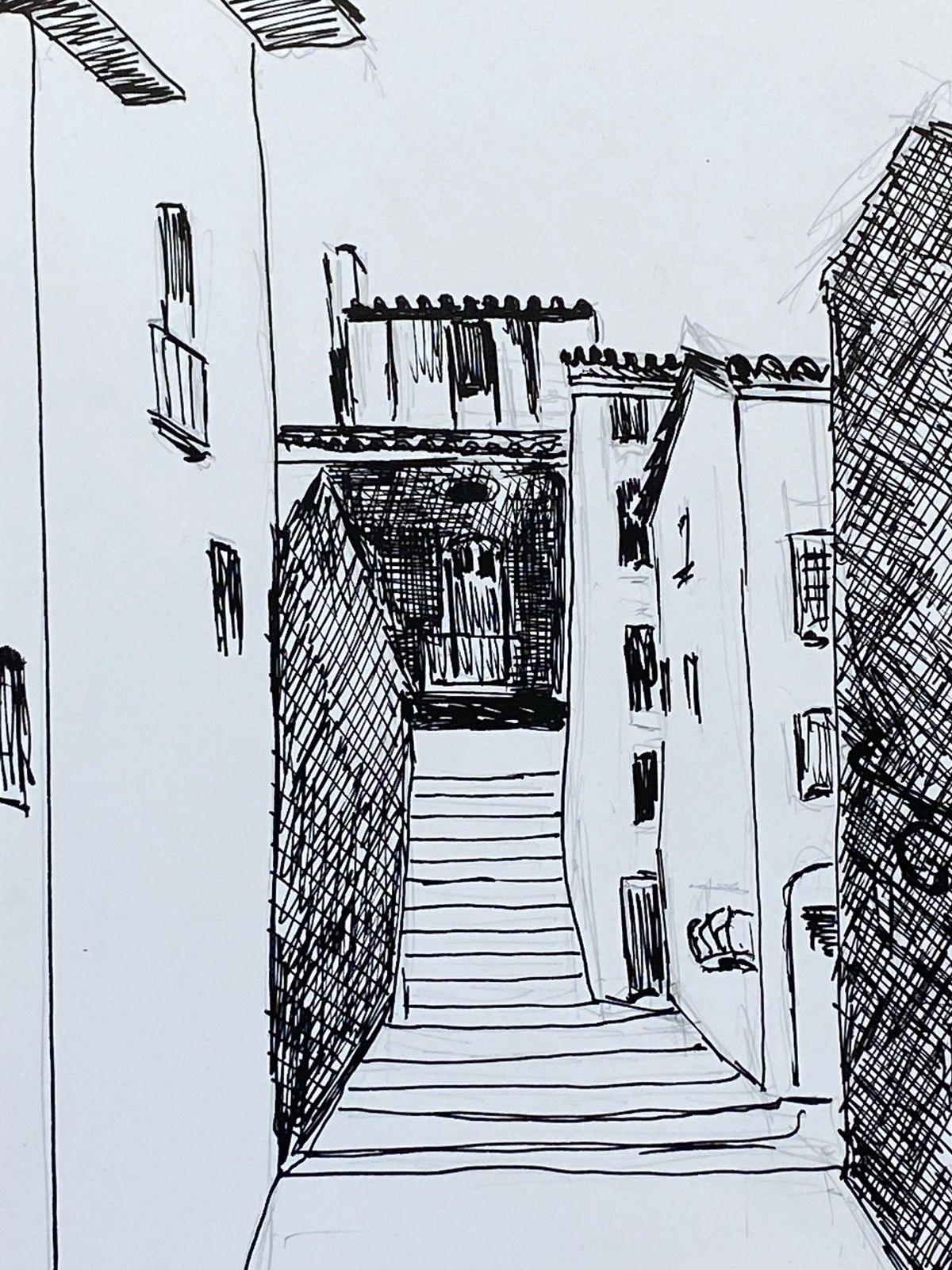 Unknown1950's French Modernist/ Cubist Drawing, Black & White Steps To The French Town1950 photo for sale
