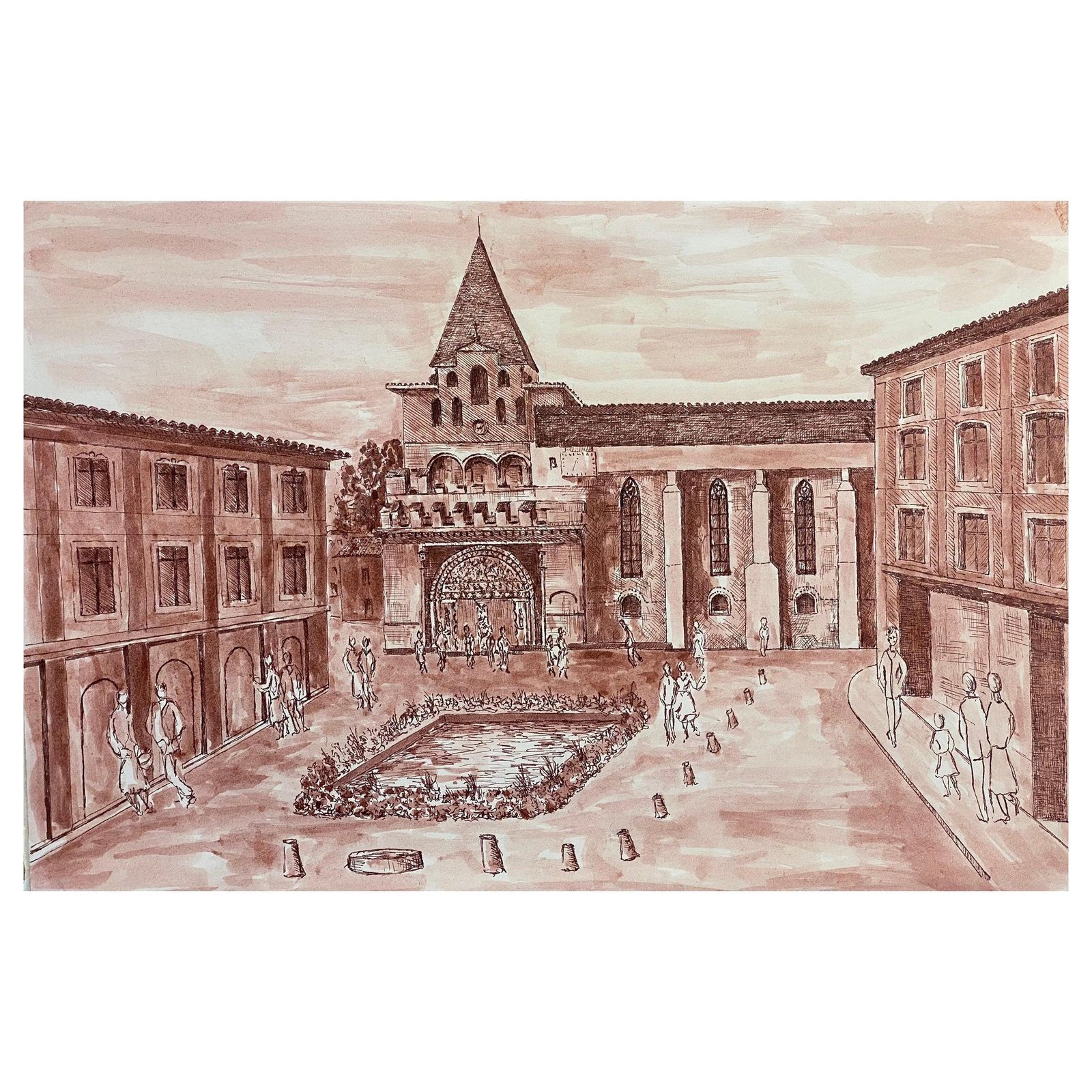 Unknown1950's French Modernist/ Cubist Painting, Busy French Town Square1950s