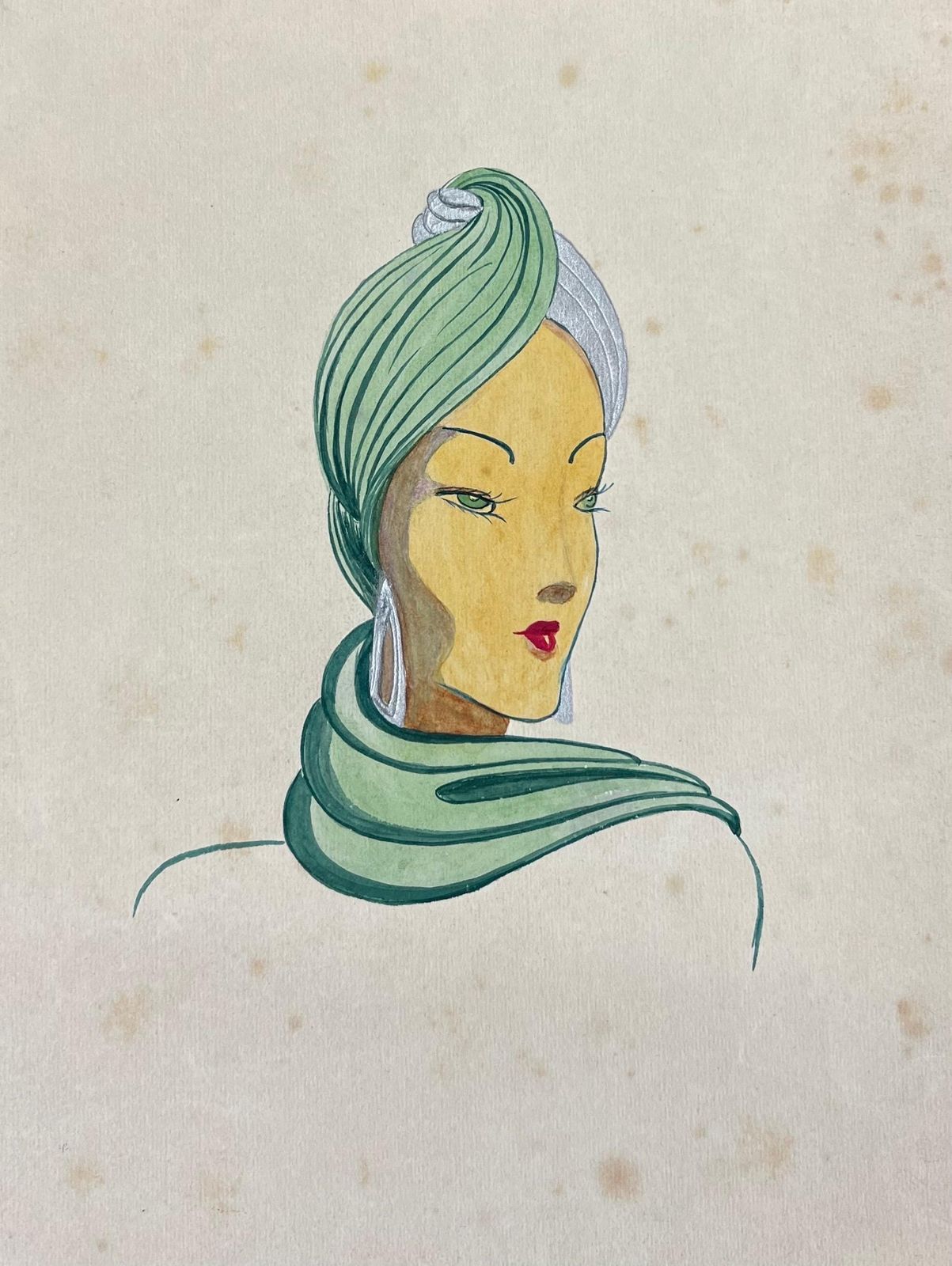Unknown1940's Fashion Illustration, Lady In Beautiful Green Head Scarfcirca 1940s photo furniture