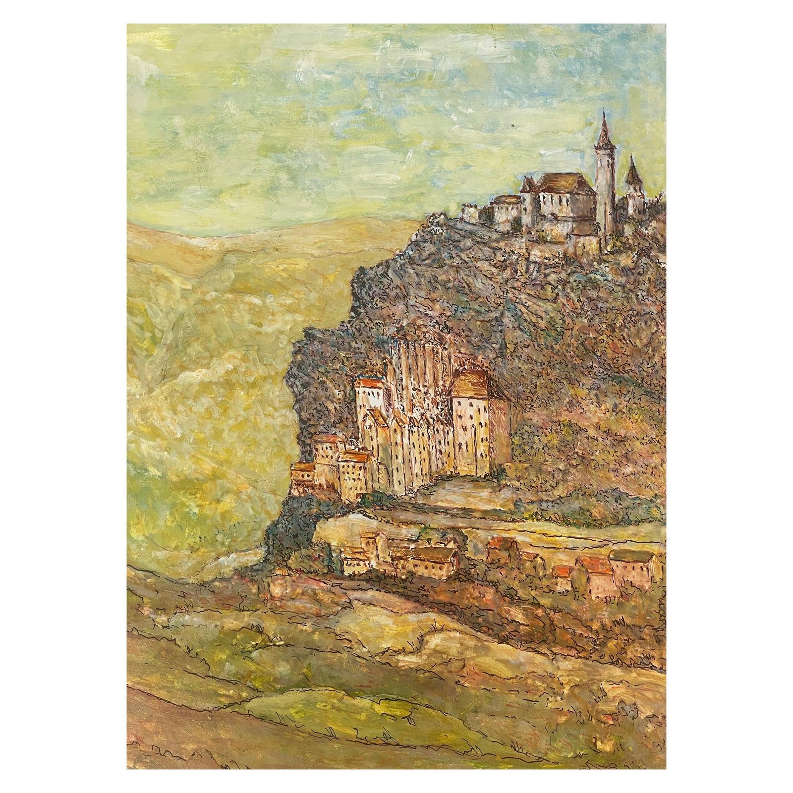 Unknown1950's French Modernist/ Cubist Painting Signed   View Of French Village1950