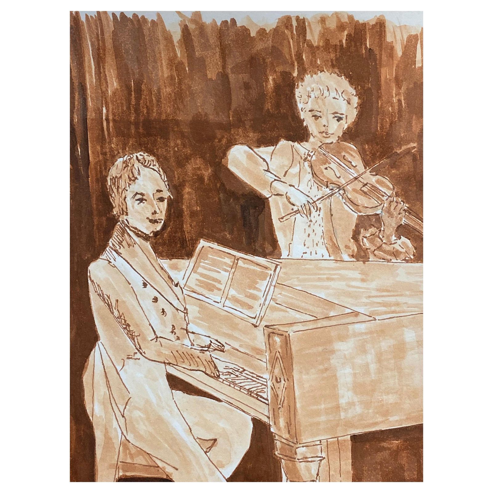 Unknown1950's French Modernist/ Cubist Painting Signed, Pianist & Violin Duet