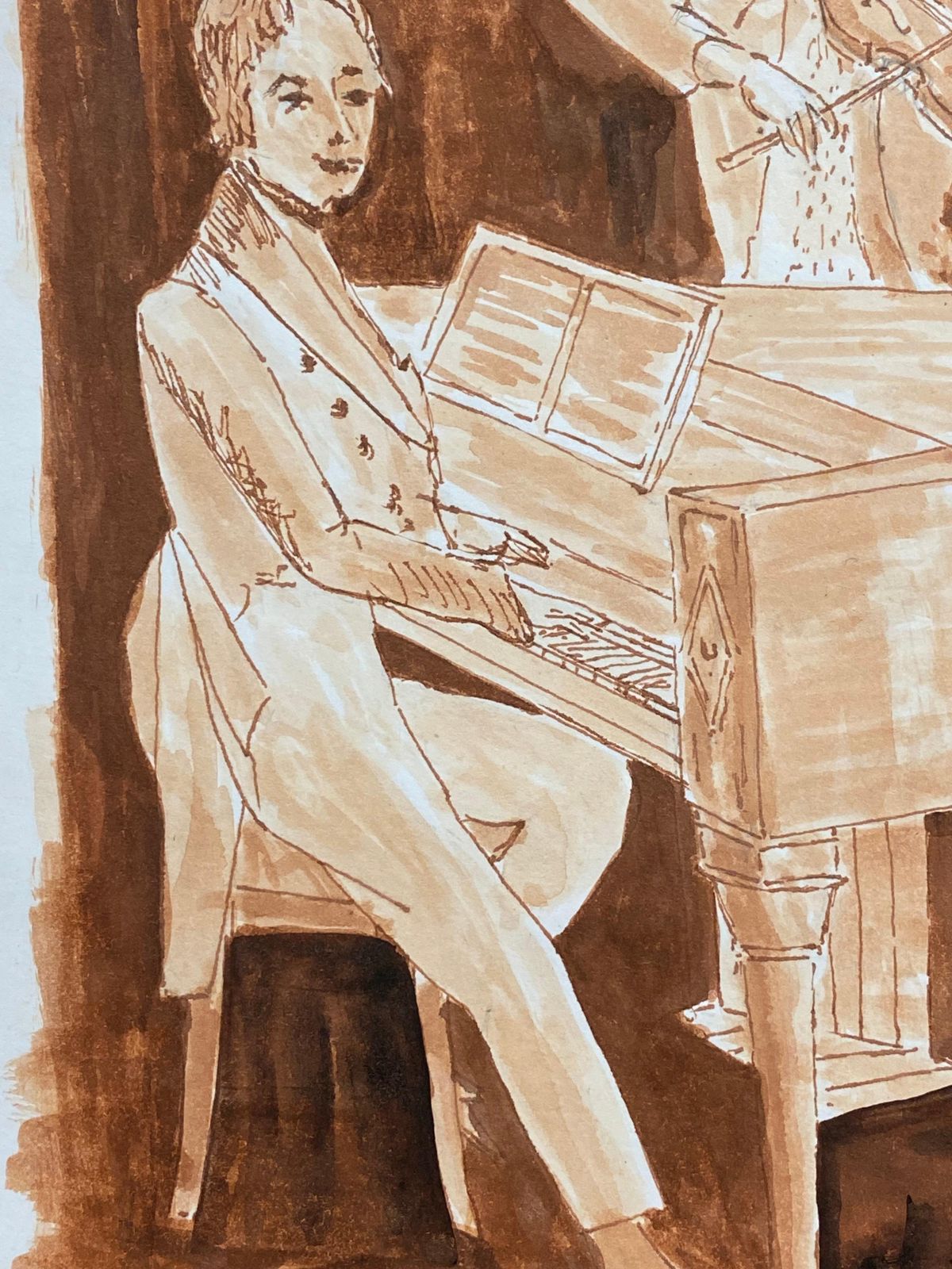 Unknown1950's French Modernist/ Cubist Painting Signed, Pianist & Violin Duet photo for sale