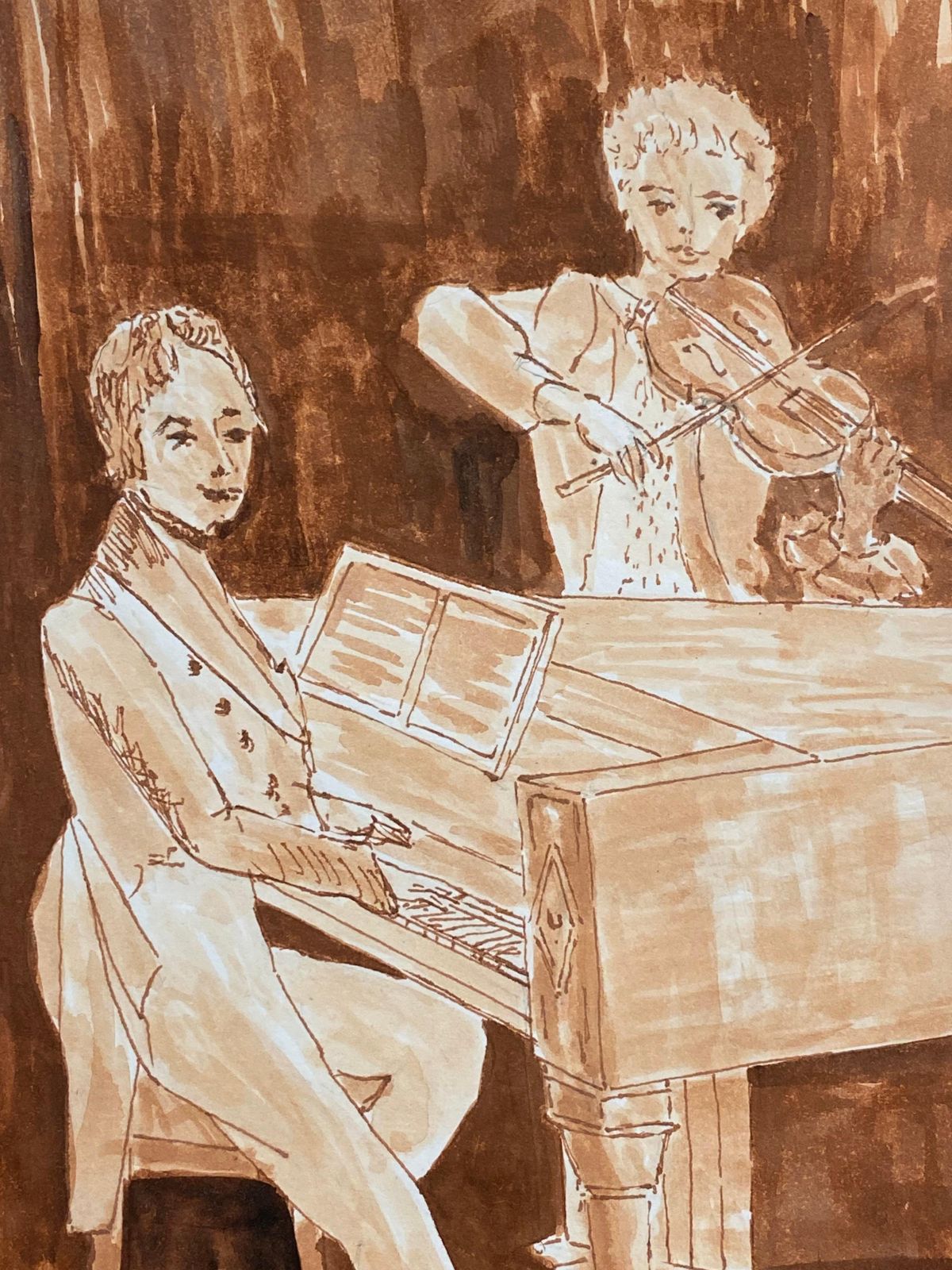 Unknown1950's French Modernist/ Cubist Painting Signed, Pianist & Violin Duet photo 254.0