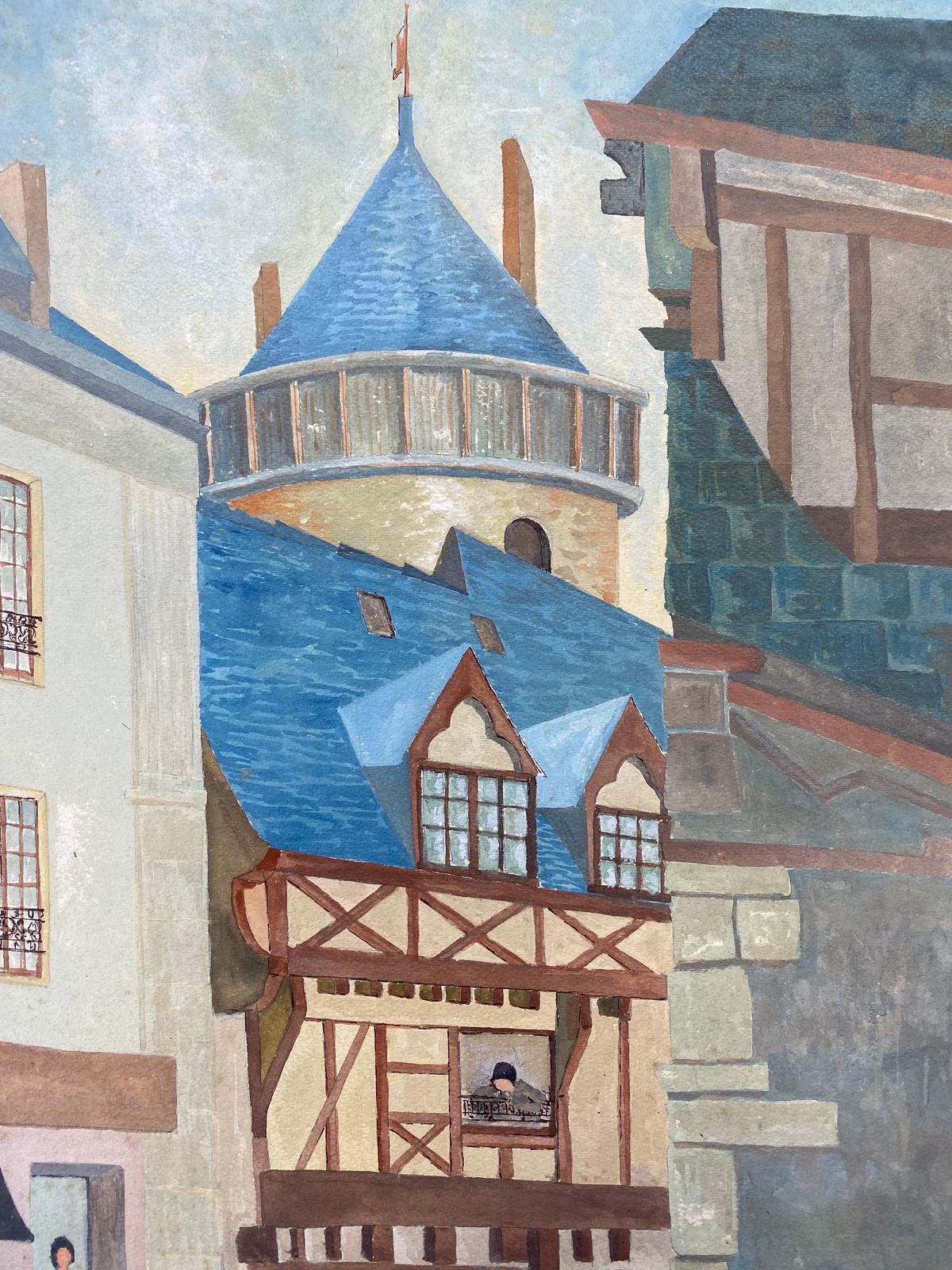 Unknown1950's Modernist Signed Painting, Figures In French Town1950s photo Art