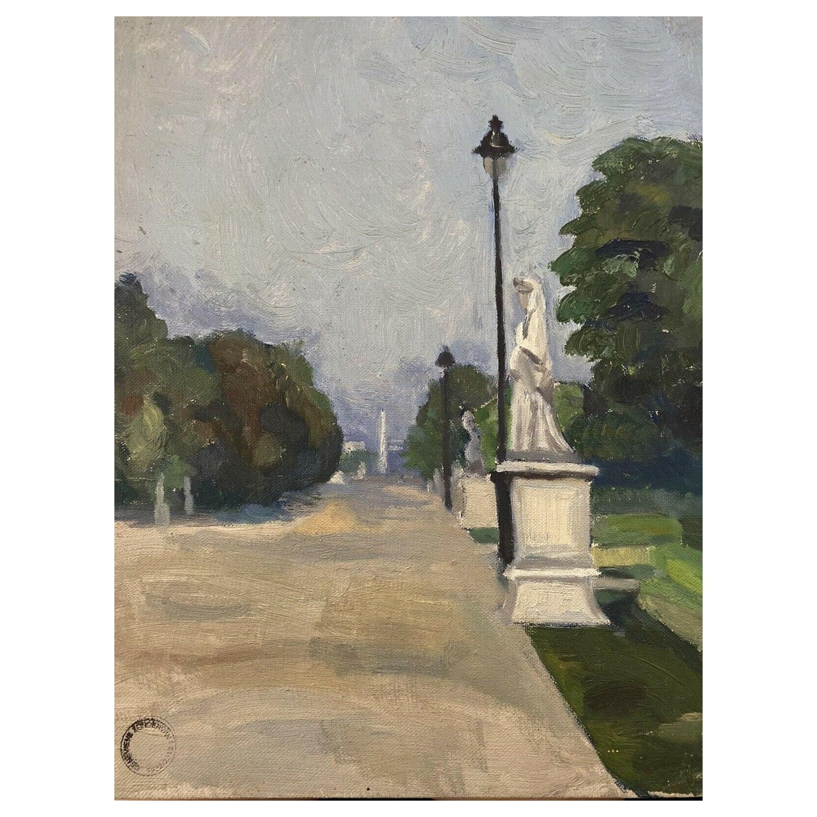 Unknowngenevieve Zondervan, French Oil Painting, Paris Park Scene Statuescirca 1950s