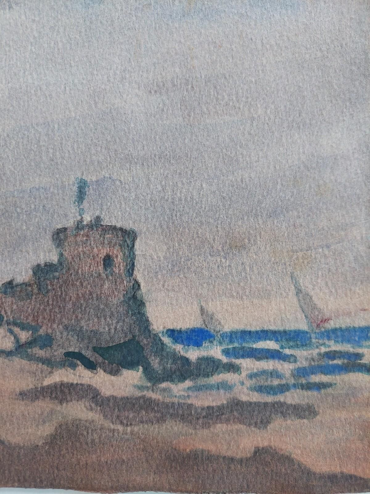 Unknownfrench Modernist Cubist Painting Fishing Boats By Coastal Fortification20th Century photo Art