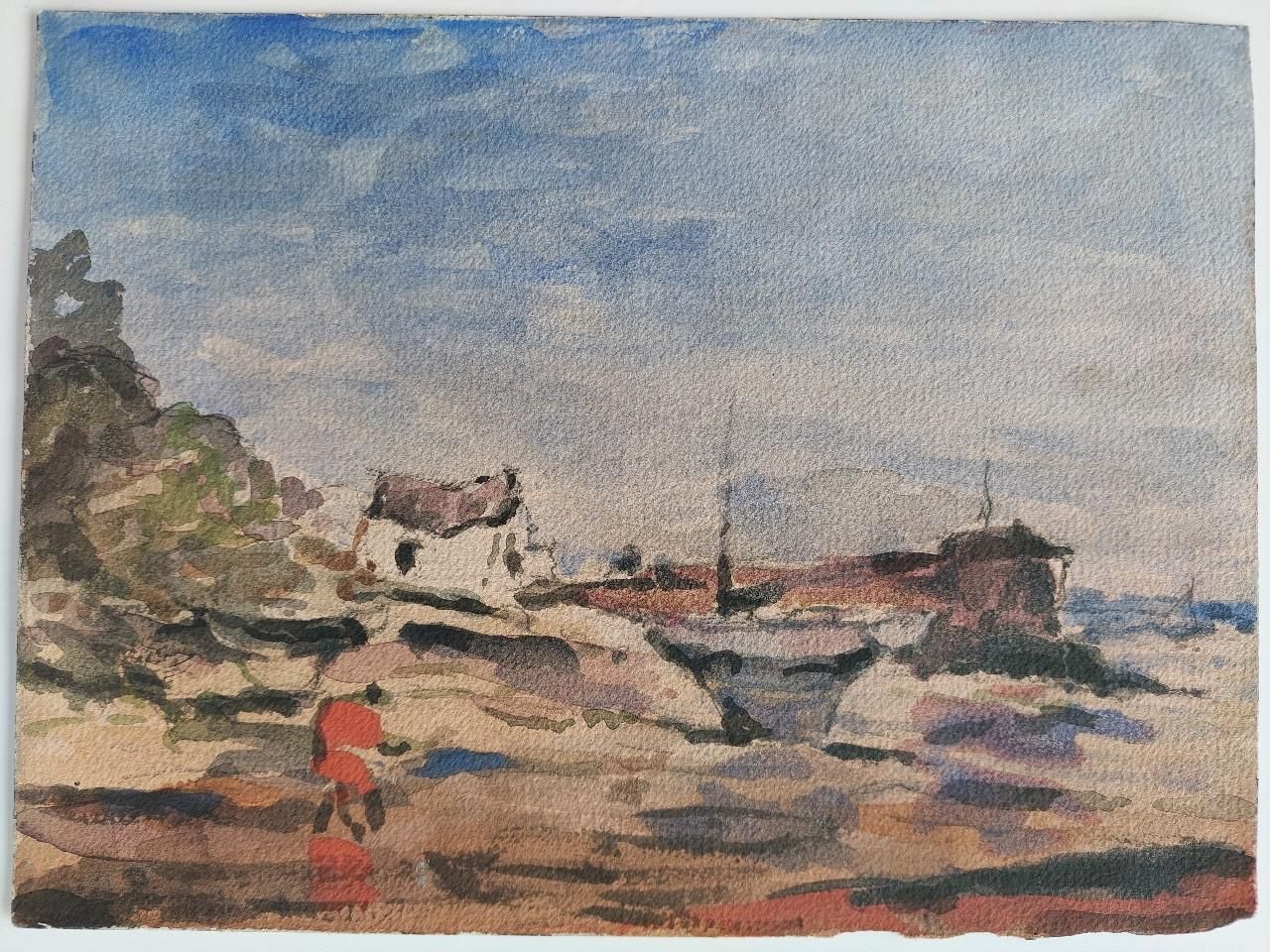 Unknownfrench Modernist Cubist Painting Figure By The Harbour20th Century photo furniture