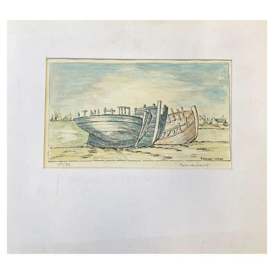 Unknown1950's French Modernist/ Cubist Painting Signed, The Three Boats1950