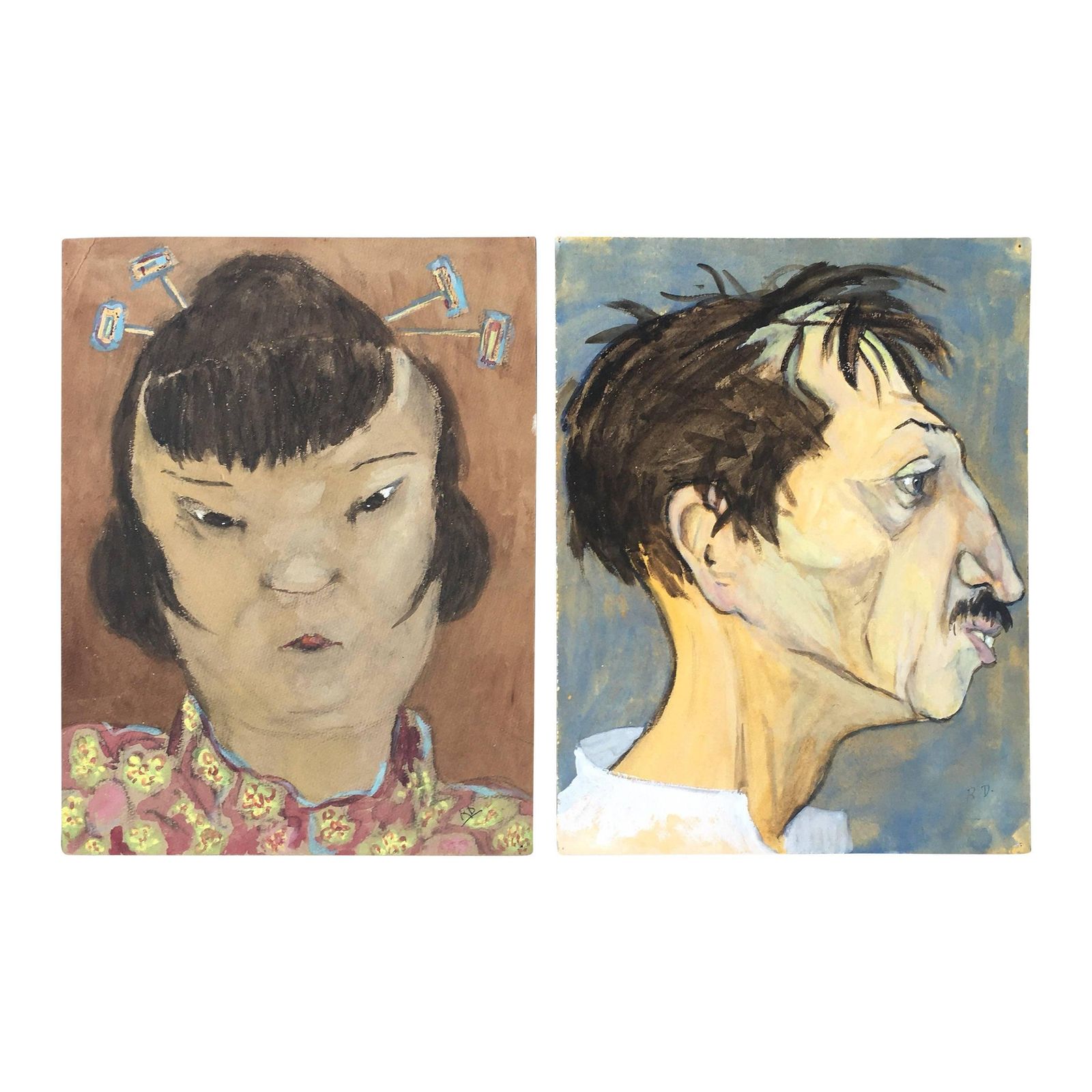 Unknownpair Of French Character Portraits, Brown And Navy Backgroundscirca 1960s