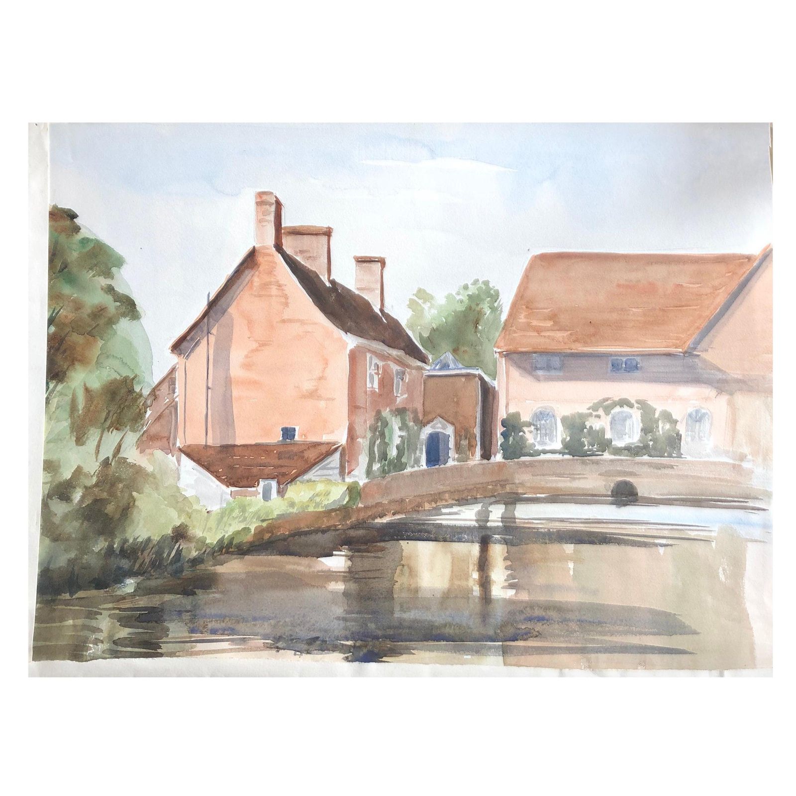 Unknownvillage Bridge Scene, Original British Watercolour Paintingcirca 1970s